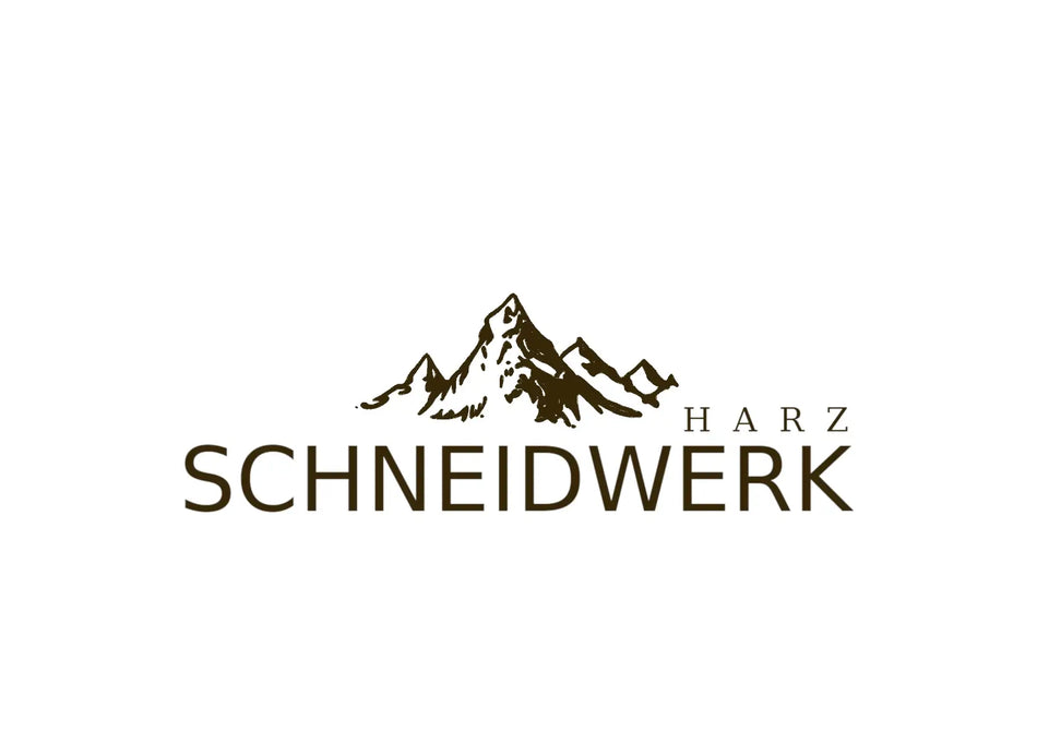 Braune Bergsilhouette-Logo mit dem Text „schneidwerk“ und „harz“.