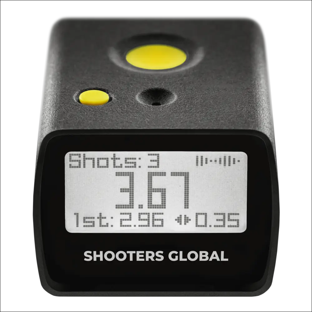 Schwarzer rechteckiger Rangefinder SG Timer GO mit gelben Tasten und Display